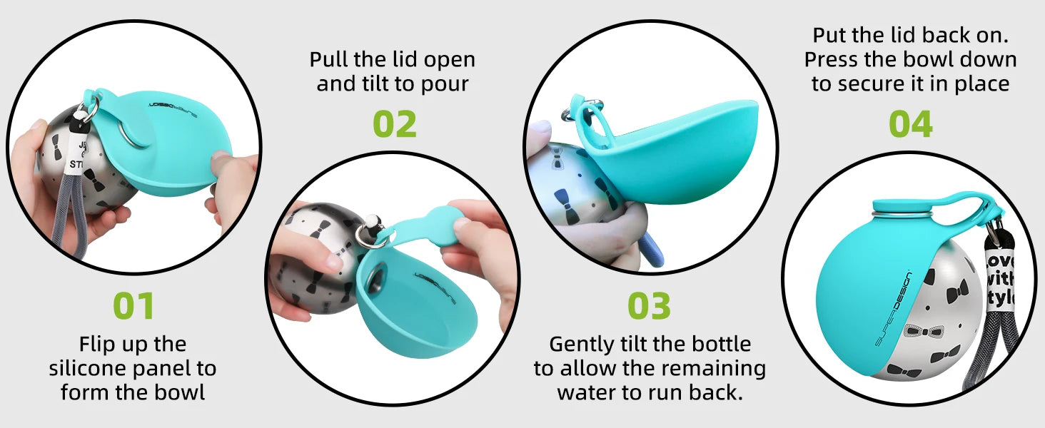 2-in-1 Portable Dog Water Bottle – Leak-Proof Travel Bottle & Bowl (Stainless Steel)