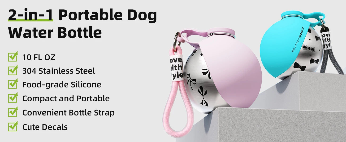 2-in-1 Portable Dog Water Bottle – Leak-Proof Travel Bottle & Bowl (Stainless Steel)